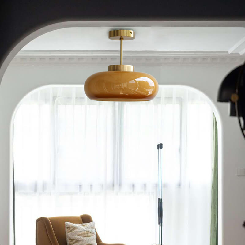 Vintage Brass Yellow Glass Ceiling Light | Semi-Flush Mount