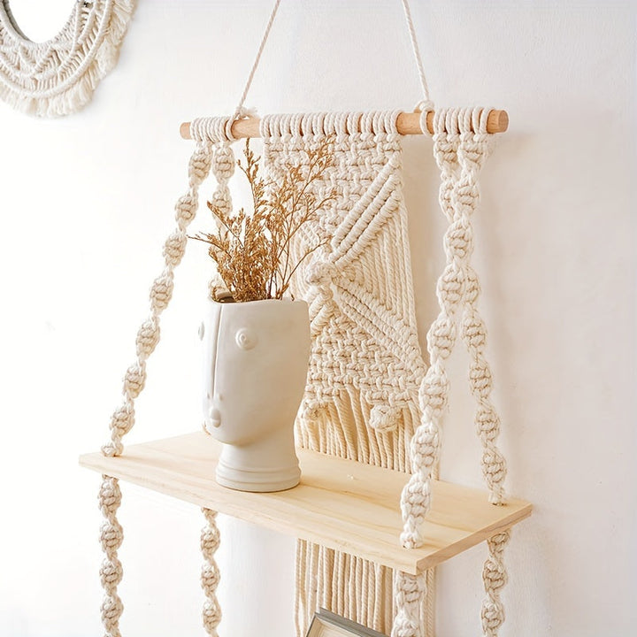 Boho Macrame Wall Shelf | 2-Tier Hanging Storage Rack