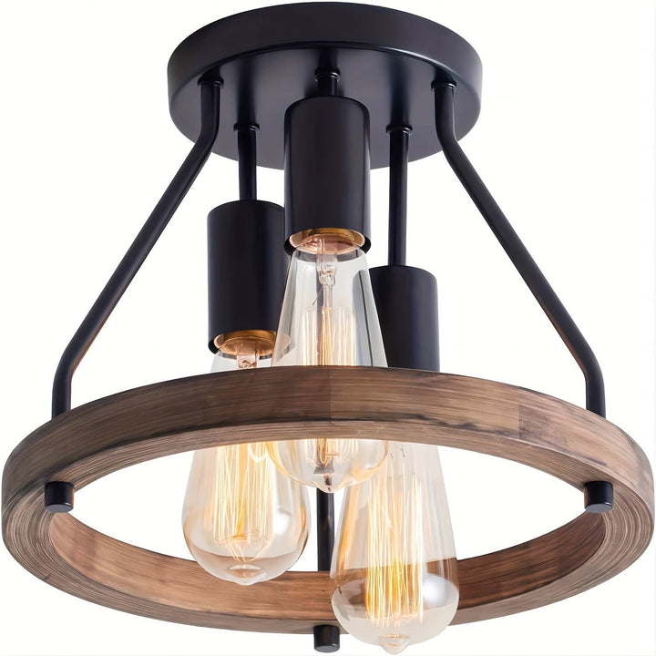 Industrial Wood Ring Ceiling Light | 3-Light Semi Flush Mount Fixture