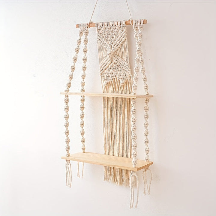 Boho Macrame Wall Shelf | 2-Tier Hanging Storage Rack