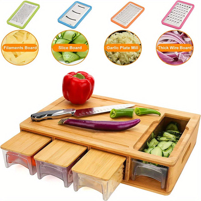 Bamboo Cutting Board with Storage Trays & Graters | Multifunctional Kitchen Prep Station