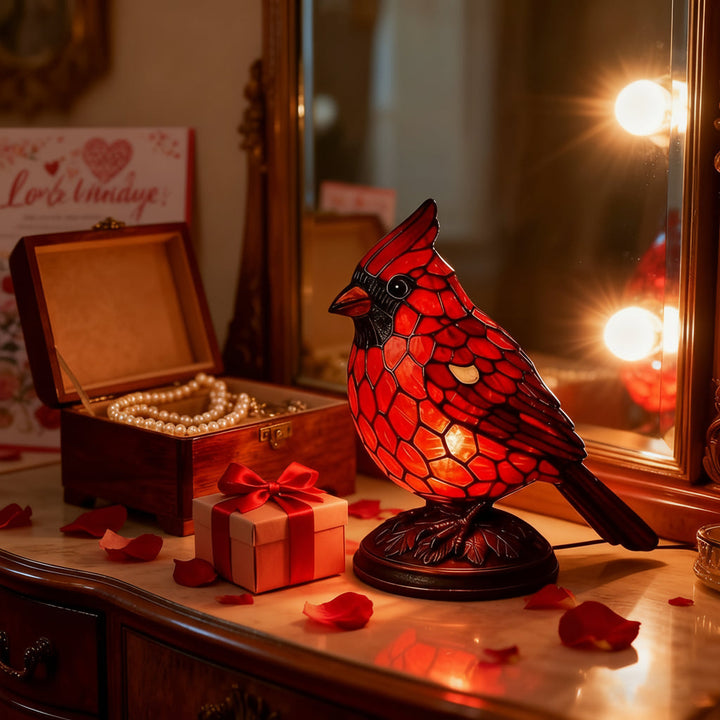 Table Lamp Red Cardinal Bird USB Powered Art Glass Lighting