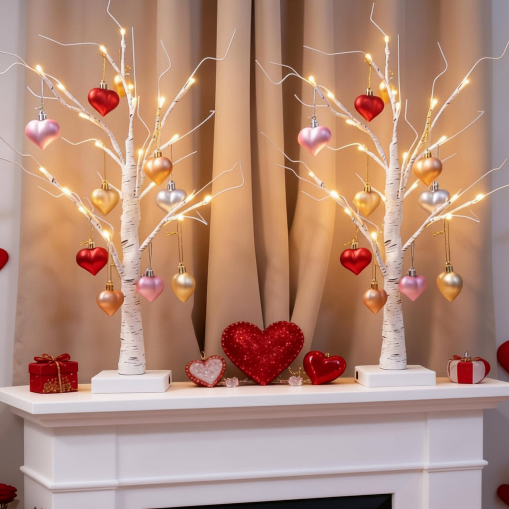 Table Lamp LED Birch Tree Heart Light Valentines Home Decor