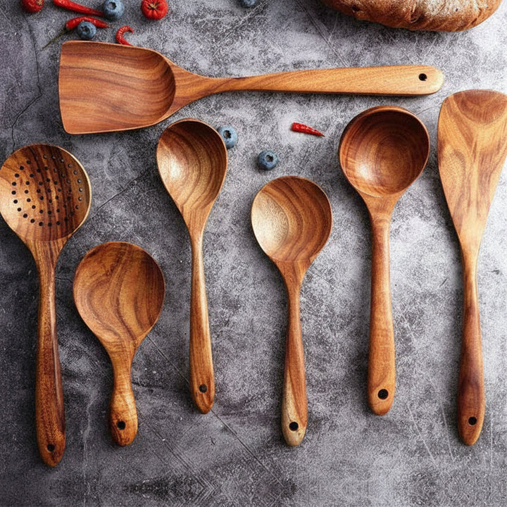 Cooking Utensils Wooden Set Handmade Non Scratch Kitchen Tools