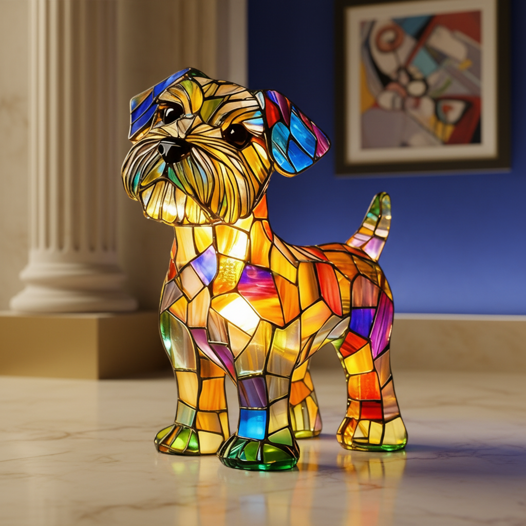 Table Lamp Stained Glass Dog LED Night Light Resin Decor