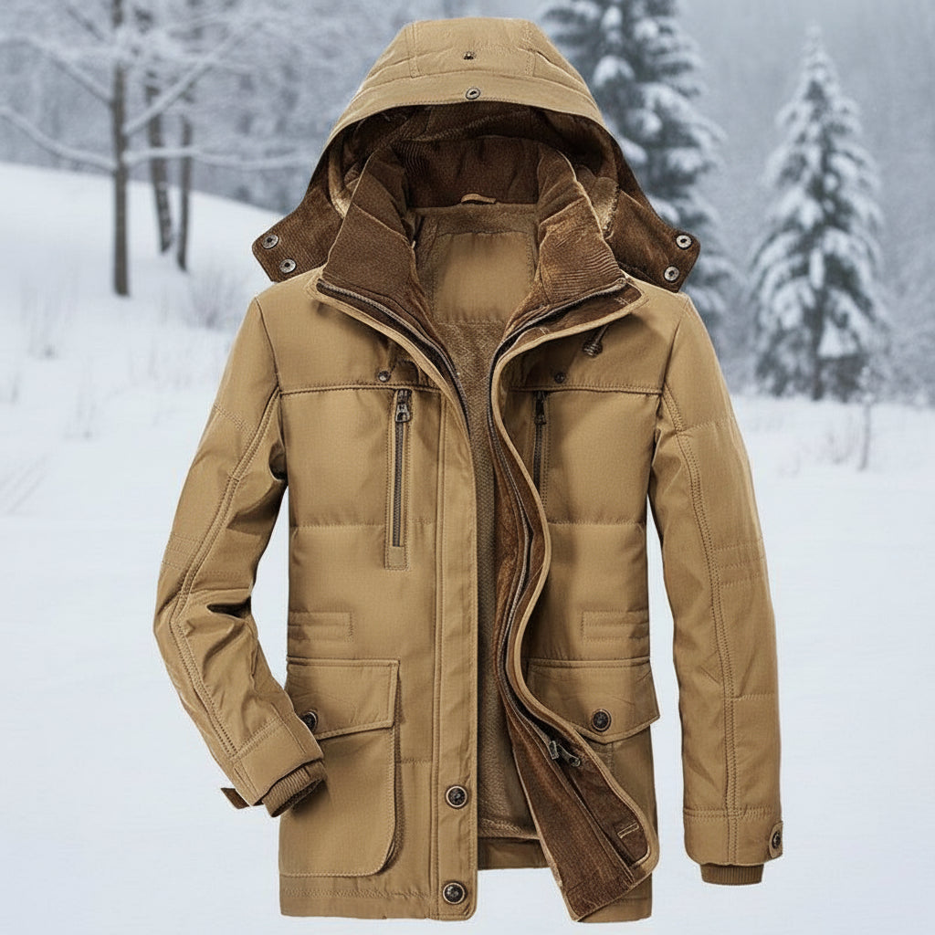 Men Winter Jacket Hooded Lined Parka Coat Windproof Insulated