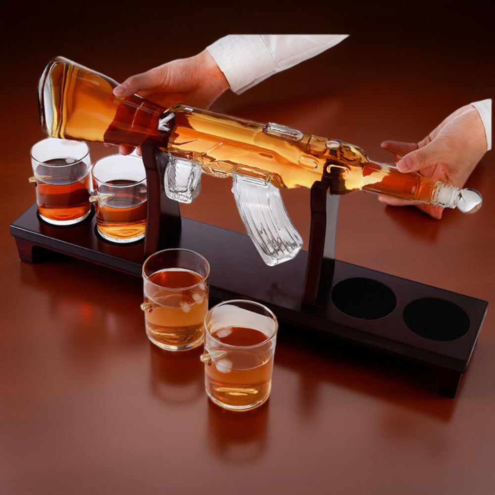 Whiskey Decanter Set Rifle Shaped Glass Bottle Stand