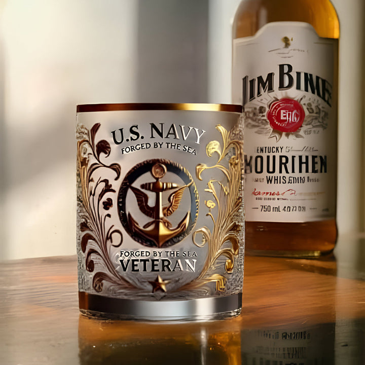 Whiskey Glass Military Veteran Gold Embossed Display Drinkware