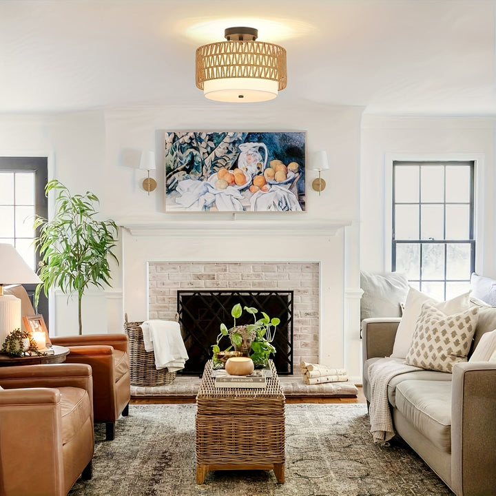 Boho Rattan Ceiling Light | Semi-Flush Mount with Linen Shade
