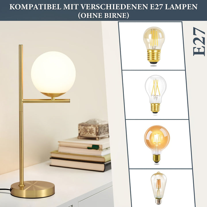 Modern Golden Table Lamp | White Glass Globe Design