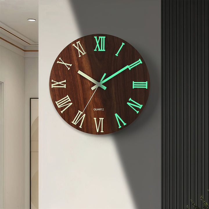 Walnut Luminous Wall Clock | Silent Glow-in-the-Dark Wooden Design