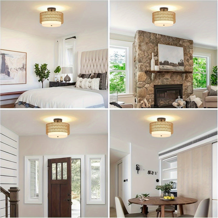 Boho Rattan Ceiling Light | Semi-Flush Mount with Linen Shade