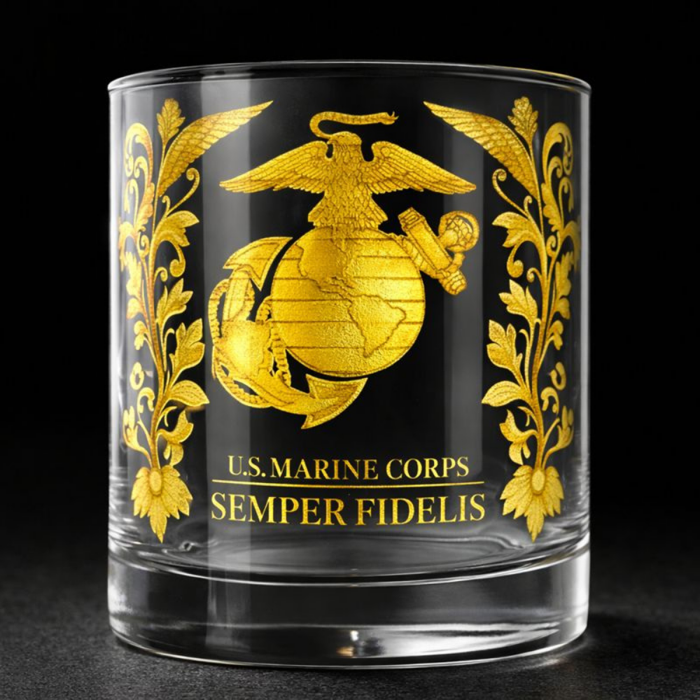 Whiskey Glass Military Veteran Gold Embossed Display Drinkware
