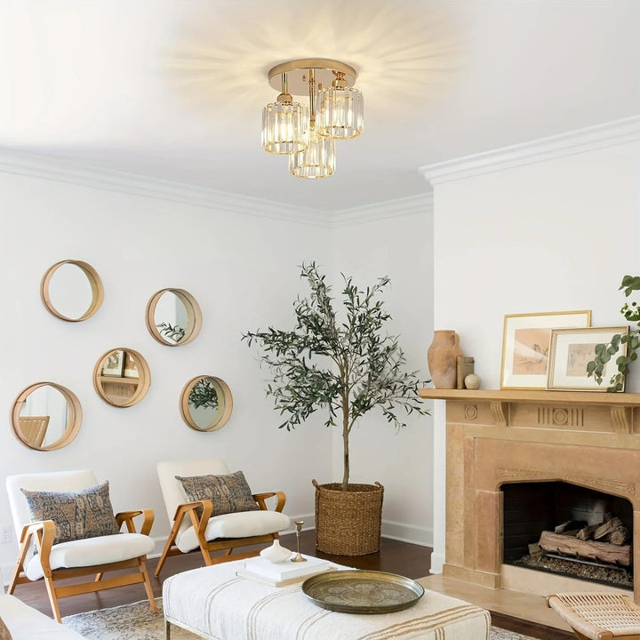 Modern Gold Luxury Crystal Ceiling Light | 3-Light Semi Flush Mount